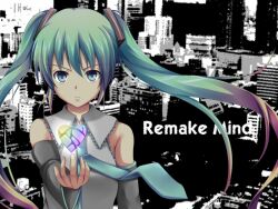  alternate_eye_color bad_id bad_pixiv_id bare_shoulders blue_eyes cityscape detached_sleeves female frown gradient_hair green_hair hatsune_miku heart long_hair looking_at_viewer multicolored_hair necktie outstretched_arm solo twintails vocaloid yappen 