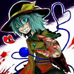  aqua_eyes aqua_hair blood blood_on_clothes blood_on_face commentary_request female fingernails green_eyes green_hair hair_over_one_eye hat heart koishi_komeiji&#039;s_heart-throbbing_adventure komeiji_koishi photoshop_(medium) rou_honoo sharp_fingernails sharp_teeth smile solo teeth third_eye touhou 