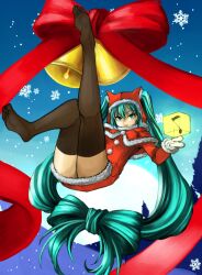  bell bow bow-shaped_hair christmas commentary_request eiji_(eiji) feet female foot_focus hairbow hat hat_with_ears hatsune_miku long_hair musical_note no_shoes santa_costume snowflakes soles solo thighhighs toes very_long_hair vocaloid zettai_ryouiki 