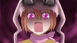  :o animal_hat brown_hair commentary_request digimon digimon_(creature) digimon_adventure fangs female hat koromon mawaru_penguindrum pink_eyes quirkidigital scarf seizon_senryaku short_hair solo white_eyes yagami_hikari 