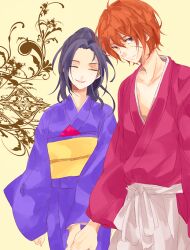  alternate_hairstyle artist_request couple female hakama happy himura_kenshin holding_hands japanese_clothes kamiya_kaoru kimono obi rurouni_kenshin samurai sash smile straight 