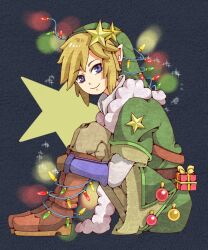  blonde_hair blue_eyes boots christmas earrings gift jewelry kuhaha lights link male male_focus pointy_ears present simple_background skyward_sword smile star the_legend_of_zelda the_legend_of_zelda:_skyward_sword 