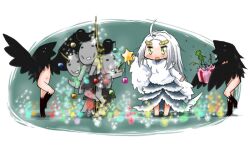  ahoge bird bottomless chibi christmas christmas_tree commentary_request dark_souls_(series) dark_souls_i dragon_girl feathered_wings feathers female fur gift green_eyes harpy horns long_hair monster_girl priscilla_the_crossbreed serizawa_enono tail thick_eyebrows weapon white_hair winged_arms wings 