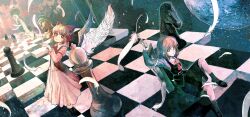  2girls angel_wings black_legwear blonde_hair board_game bow checkered_floor chess chess_piece chessboard commentary_request ex-rumia feathered_wings feathers gengetsu_(touhou) hairbow highres mary_janes moon multiple_girls night night_sky organ_derwald photoshop_(medium) red_bow rumia shoes short_hair sitting sky statue_of_liberty sword touhou touhou_(pc-98) weapon wings 