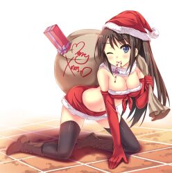  all_fours bad_id bad_pixiv_id black_hair black_thighhighs blue_eyes blush boots breasts candy candy_cane christmas cleavage elbow_gloves female food front-tie_top gift gloves hat holding holding_sack large_breasts long_hair merry_christmas mouth_hold navel one_eye_closed original peach88 photoshop_(medium) red_gloves sack santa_costume santa_hat skirt smile solo thighhighs 