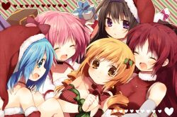  5girls akemi_homura bad_id bad_pixiv_id black_hair blonde_hair blue_eyes blue_hair brown_eyes closed_eyes everyone gift kaname_madoka long_hair mahou_shoujo_madoka_magica mahou_shoujo_madoka_magica_(anime) miki_sayaka multiple_girls nochita_shin oerba_yun_fang open_mouth purple_eyes red_hair sakura_kyoko santa_costume short_hair tomoe_mami 