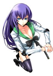  bad_id bad_pixiv_id blue_eyes boots breasts busujima_saeko cleavage collarbone female foreshortening from_above full_body garter_straps highschool_of_the_dead katana lace lace-trimmed_legwear lace_trim large_breasts legs long_hair photoshop_(medium) purple_hair purple_thighhighs risutan school_uniform shiny_clothes simple_background skirt solo sword thighhighs thighs weapon white_background 