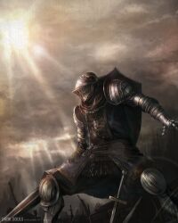  1boy absurdres armor arrow_(projectile) chains commentary_request dark_souls_(series) dark_souls_i full_armor helm helmet highres jay_b_lee knight knight_of_astora_oscar male_focus manly photoshop_(medium) shield signature solo sun sword watermark weapon 