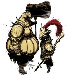  2boys armor commentary_request dark_souls_(series) dark_souls_i david_semsei dragon_slayer_ornstein executioner_smough hammer multiple_boys photoshop_(medium) polearm red_hair spear weapon 