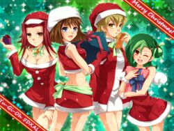  4girls blonde_hair blue_eyes brown_hair christmas green_hair izayoi_aki mazaki_anzu mizuki_kotori mizuki_kotori_(yuu-gi-ou_zexal) mugicha_(sukimachaya) multiple_girls red_eyes red_hair short_hair tenjouin_asuka wink yellow_eyes yu-gi-oh! yugioh_5d&#039;s yugioh_gx yugioh_zexal yuu-gi-ou_5d&#039;s yuu-gi-ou_duel_monsters yuu-gi-ou_gx yuu-gi-ou_zexal 