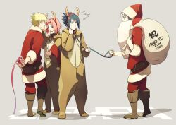  3boys anger_vein animal_costume antlers beard black_hair blonde_hair christmas closed_eyes collar commentary_request facial_hair female full_body gift hat hatake_kakashi horns kissing kissing_hand leash multiple_boys naruto naruto_(series) oba-min photoshop_(medium) pink_hair reindeer_antlers reindeer_costume sakura_haruno santa_costume santa_hat scar uchiha_sasuke uzumaki_naruto white_hair 