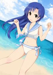  adapted_uniform beach bikini blue_hair brown_eyes commentary_request day dutch_angle female himegami idolmaster idolmaster_(classic) kisaragi_chihaya long_hair looking_at_viewer sailor_collar solo swimsuit 