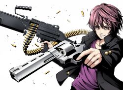  1boy ammunition_belt bad_id bad_pixiv_id brown_hair cartridge casing_ejection dual_wielding gangsta_hold grin gun handgun holding light_machine_gun looking_at_viewer m249 machine_gun male_focus original red_eyes revolver shell_casing simple_background smile solo takemori_shintarou weapon white_background 