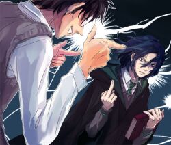  2boys aged_down anger_vein black_hair brown_hair commentary_request glasses hanme harry_potter_(series) hogwarts_school_uniform james_potter middle_finger multiple_boys school_uniform severus_snape slytherin wizarding_world 