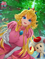  1boy 1girls adorable big_breasts black_eyes blue_eyes blur blurred_background blurry_background blush breasts crown cute dress female female_focus forest hi_res high_quality high_resolution highres long_dress long_hair looking_at_viewer male mario_(series) nintendo pink_dress pov princess_peach pumiss reaching_out reaching_towards_viewer red_lips red_lipstick tight_clothing toad_(mario) tree trees wallpaper watermark wholesome yellow_crown yellow_hair 