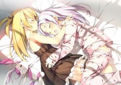  2girls ass blonde_hair boku_wa_tomodachi_ga_sukunai drooling hasegawa_kobato kantoku long_hair lying multiple_girls on_side pajamas purple_hair sleeping stuffed_animal stuffed_rabbit stuffed_toy takayama_maria two_side_up yuri 