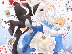  2girls ace_(playing_card) ace_of_hearts ace_of_spades ahoge alice_in_wonderland animal_ears apron artoria_pendragon_(fate) asagi-so bad_id bad_pixiv_id blonde_hair boots card cross-laced_footwear dress eight_of_clubs eight_of_spades fate/zero fate_(series) five_of_clubs five_of_diamonds floating_card four_of_hearts frilled_skirt frills gown green_eyes heart high_heels irisviel_von_einzbern jack_(playing_card) jack_of_spades king_(playing_card) king_of_diamonds long_hair multiple_girls playing_card queen_(playing_card) queen_of_hearts_(playing_card) rabbit_ears red_eyes saber_(fate) seven_of_clubs seven_of_hearts shoes six_of_spades skirt spade_(shape) thighhighs three_of_clubs two_of_diamonds two_of_hearts white_hair white_legwear 