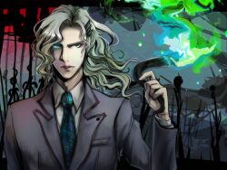  1boy bad_id bad_pixiv_id blue_fire fire formal glowing glowing_eye green_fire grey_hair hair_down hair_ribbon lips long_hair luneru22 male_focus necktie ribbon solo suit tiger_&amp;_bunny yuri_petrov 