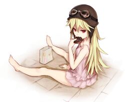  aviator_cap bag bakemonogatari barefoot blonde_hair commentary_request doughnut eating female food goggles goggles_on_head helmet legs long_hair long_legs looking_at_viewer looking_back monogatari_(series) nosuku oshino_shinobu paper_bag red_eyes sitting solo 