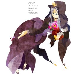  bad_id bad_pixiv_id blue_eyes blue_hair cattleya_(flower) dress fate/stay_night fate_(series) female flower hat kuroihato long_hair medea_(fate) orchid petals robe solo translated white_background 