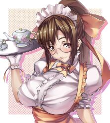  anna_miller asa_(xametaler) blush bow breasts brown_eyes brown_hair commentary_request cup female glasses gloves hairbow large_breasts long_hair original ponytail puffy_sleeves ribbon ribbon-trimmed_gloves ribbon_trim solo tray waitress 