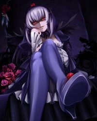  commentary_request crossed_legs dress female flower frills gothic_lolita grey_hair hairband high_heels highres legs lolita_fashion long_hair looking_at_viewer looking_down mtyy pantyhose photoshop_(medium) purple_pantyhose red_eyes rozen_maiden sadism shaded_face shoe_soles shoes sitting smirk solo suigintou wings 