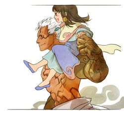  1boy asura&#039;s_wrath asura_(asura&#039;s_wrath) blush_stickers brown_eyes carrying carrying_over_shoulder commentary dress english_commentary father_and_daughter female jewelry long_hair mithra_(asura&#039;s_wrath) necklace photoshop_(medium) sandara smile spiked_hair topless_male torso white_hair 