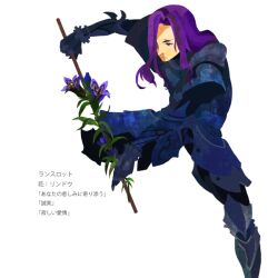  1boy armor bad_id bad_pixiv_id berserker_(fate/zero) fate/zero fate_(series) feet_out_of_frame flower gentiana_(flower) holding kuroihato lancelot_(fate/zero) long_hair male_focus purple_eyes purple_flower purple_hair simple_background solo spoilers staff translated white_background 