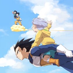  4boys armor bad_id bad_pixiv_id black_eyes black_hair carrying cloud commentary_request day dragon_ball dragon_ball_z father_and_son flying flying_nimbus lolicon multiple_boys on_cloud photoshop_(medium) purple_hair saiyan_armor sky son_goku son_goten spiked_hair trunks_(dragon_ball) ttk_(ehohmaki) vegeta waving whorled_clouds 