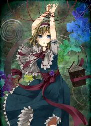  alice_margatroid blonde_hair blue_eyes book capelet commentary_request female flower hairband restrained short_hair solo tears touhou unasaka_ryou 