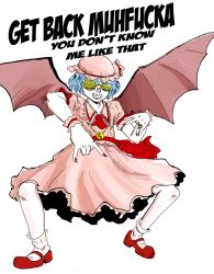  \m/ ascot bat_wings bling commentary dollar_sign dress drsunshine english_commentary english_text female gangster hat hip_hop jewelry light_purple_hair nail_polish necklace profanity remilia_scarlet ring short_hair shutter_shades solo touhou wings wrist_cuffs 