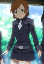  brown_hair exterior green_eyes gundam_age looking_at_viewer military_uniform romary_stone school_uniform screen_capture skirt small_hair_clip tie tie_tack zettai_ryouiki 