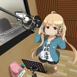  ahoge blonde_hair brown_eyes chiyomi clothes_writing commentary_request female futaba_anzu hand_on_headphones headphones idolmaster idolmaster_cinderella_girls long_hair microphone open_mouth pop_filter recording_studio shirt solo studio studio_microphone stuffed_animal stuffed_rabbit stuffed_toy sweatdrop t-shirt twintails very_long_hair 