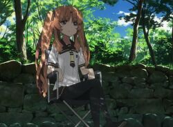  ano_natsu_de_matteru brown_eyes brown_hair clouds crossed_legs directors_chair exterior relaxing rock_wall screen_capture shade sitting sky smile tie trees twintails yamano_remon 