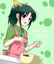  apron ashikaga_tamane bow casual commentary_request cooking cooking_pot cutting_board female green_background green_eyes green_hair green_shirt highres ladle midorikawa_nao open_mouth ponytail precure ribbon shirt simple_background sleeves_rolled_up smile_precure solo 