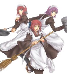  3girls android apron bad_id bad_pixiv_id black_legwear blue_eyes bow broom dual_wielding frying_pan hairbow hammer highres hisui_(tsukihime) hitoha holding kohaku_(tsukihime) ladle maid maid_headdress mecha_hisui multiple_girls open_mouth pantyhose purple_hair red_hair sandals shoes siblings simple_background tsukihime twins yellow_eyes 