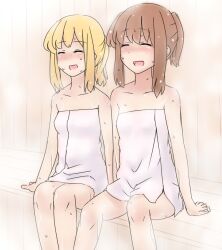  2girls :d ^_^ blonde_hair blush brown_hair closed_eyes commentary_request maribel_hearn multiple_girls naked_towel open_mouth ponytail sauna sitting smile tori_(minamopa) touhou towel usami_renko 