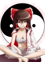  barefoot bloomers bow breasts brown_hair cleavage commentary_request ebiblue female grin hair_tubes hairbow hakurei_reimu highres indian_style medium_breasts red_bow sarashi sitting smile sneer solo touhou underwear yin_yang 