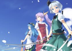  3girls belt blue_eyes blue_hair bow bowtie day dress dress_shirt dual_wielding grey_hair group_picture group_profile hair_ribbon hairband hands_on_hilt hat hinanawi_tenshi holding katana konpaku_youmu konpaku_youmu_(ghost) lineup long_hair multiple_girls ponytail profile purple_eyes purple_hair red_eyes ribbon rokuwata_tomoe scabbard sheath shirt short_hair skirt sky sword touhou trait_connection vest watatsuki_no_yorihime weapon 