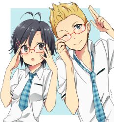  1boy antenna_hair arms_up bad_id bad_pixiv_id ear_piercing female glasses hair_ornament hairclip idolmaster idolmaster_(classic) ijuuin_hokuto kikuchi_makoto necktie one_eye_closed piercing short_hair sukoyaka_(100hituzi) 