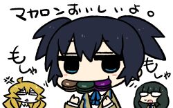  3girls black_hair black_rock_shooter blonde_hair chan_co chibi commentary_request eating food glasses izuriha_kagari kuroi_mato macaron multiple_girls short_hair short_twintails simple_background takanashi_yomi translated twintails 