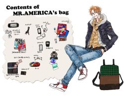  1boy akira_(manga) america_(hetalia) axis_powers_hetalia backpack bad_id bad_pixiv_id bag cameo camera candy cellphone condom condom_packet_strip condom_wrapper credit_card digital_media_player food glasses glasses_case handheld_game_console hershey&#039;s iphone ipod ipod_touch keyring lollipop male_focus manga_(object) marvel mastercard phone photo_(object) photoshop_(medium) playstation_portable polaroid polaroid_camera product_placement smartphone spider-man spider-man_(series) unworn_eyewear uyuki_(etoile) watch 