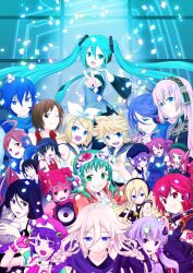  4boys 6+girls absurdres ahoge aqua_eyes aqua_hair beret black_hair blonde_hair blue_eyes braid brown_eyes brown_hair commentary_request crossover cul detached_sleeves everyone feline glasses green_eyes green_hair gumi gumi_(v3_megpoid) hat hatsune_miku headphones highres hiyama_kiyoteru ia_(vocaloid) kaai_yuki kagamine_len kagamine_rin kaito_(vocaloid) kamui_gakupo kasane_teto kizawa_hiroto lily_(vocaloid) long_hair looking_at_viewer megurine_luka meiko_(vocaloid) mew_(vocaloid) momone_momo multiple_boys multiple_girls necktie nekomura_iroha niconico one_eye_closed open_mouth pink_hair purple_eyes purple_hair red_eyes red_hair savami sf-a2_miki short_hair short_hair_with_long_locks skirt smile tone_rion twin_braids twintails utane_uta utau v very_long_hair vocaloid voiceroid yuzuki_yukari 