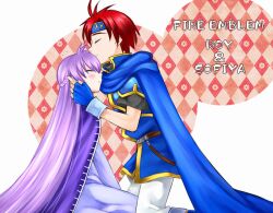  1boy 74 argyle_background blue_dress blush cape character_name cloak closed_eyes commentary copyright_name dress female fingerless_gloves fire_emblem fire_emblem:_the_binding_blade gloves headband kissing kissing_forehead long_hair md5_mismatch purple_hair red_hair roy_(fire_emblem) smile sophia_(fire_emblem) straight very_long_hair white_background 