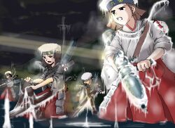  4girls battle breath brown_hair clenched_teeth frozen hakama hakama_skirt hat ice innertube japanese_clothes kirio_(ccr00235) mecha_musume military multiple_girls night ocean oekaki original pork_pie_sailor_hat red_hakama sailor_hat ship short_hair skirt swim_ring teeth torpedo torpedo_boat water watercraft 