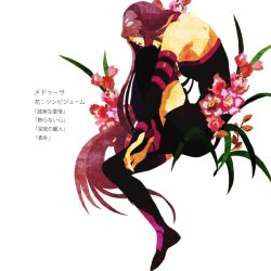  bad_id bad_pixiv_id bare_shoulders blindfold cymbidium dress fate/stay_night fate_(series) female flower kuroihato long_hair medusa_(fate) medusa_(rider)_(fate) orchid purple_hair solo strapless strapless_dress thighhighs translated very_long_hair 