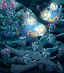  :d air_bubble bubble fins lanturn light lugia mantyke marshtomp mudkip no_humans on_head open_mouth phione pokemoa pokemon pokemon_(creature) pokemon_on_head riding riding_pokemon smile tentacool underwater wings 