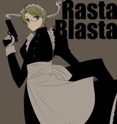  1boy ahoge america_(hetalia) artistic_error axis_powers_hetalia blonde_hair blue_eyes cocked_hammer commentary_request crossdressing gloves gun handgun kisaragi_n m1911 maid male_focus male_maid painttool_sai_(medium) smoke smoking_barrel solo weapon 