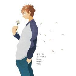  1boy bad_id bad_pixiv_id brown_hair daisy emiya_shirou fate/stay_night fate_(series) flower kuroihato male_focus raglan_sleeves solo translated white_background 