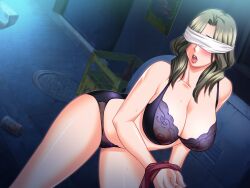  areolae blindfold blonde_hair blush nipples onnazakari_wa_toshishita_gonomi open_mouth pantsu public transparent_clothing 